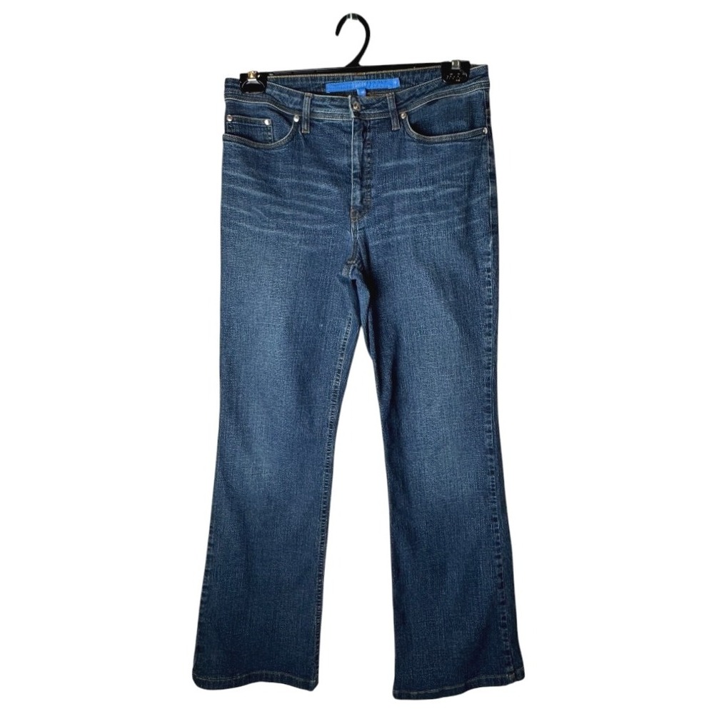 Escada Sport Jeans Women Medium Blue Denim Flare Leg Kate Leather Logo Preppy